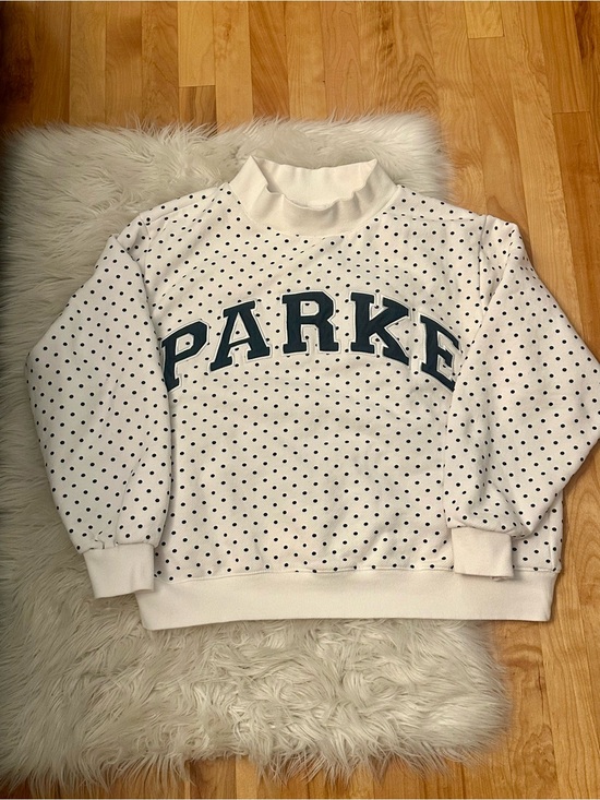 Parke Sweaters - Parke White Polka Dot Mock Neck Sweatshirt with Navy Lettering